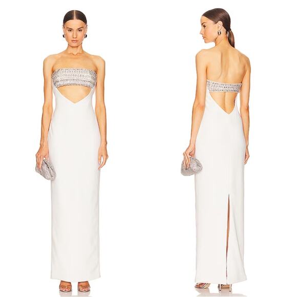 Retrofete Swan Crystal Embellished Cutout Strapless White Maxi Dress Size Large - Picture 1 of 10